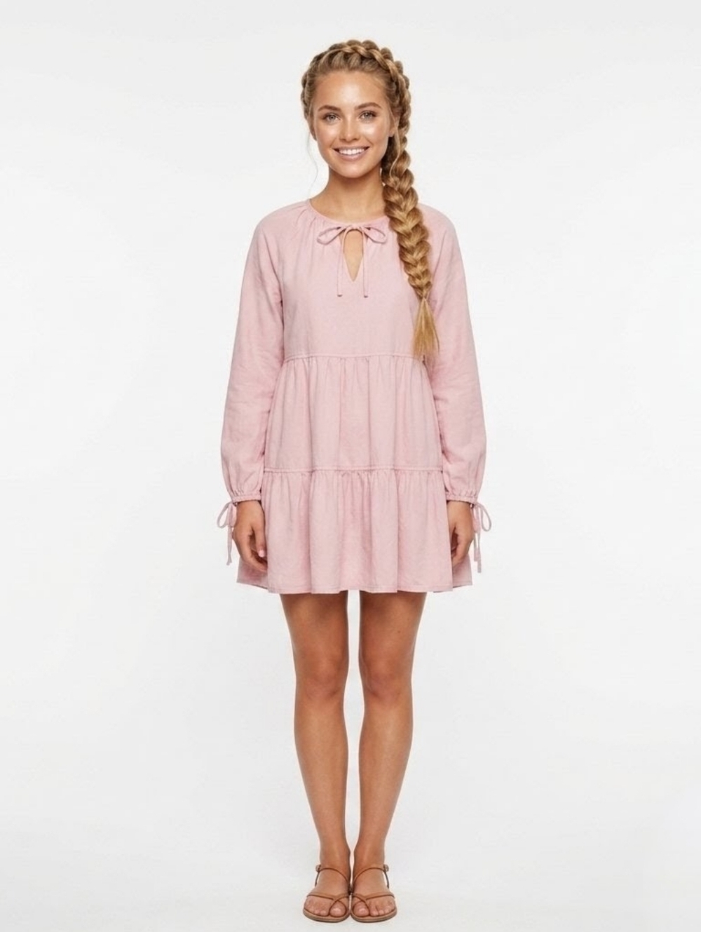 En Saison Pink Long Sleeve Tiered Mini Dress - Small